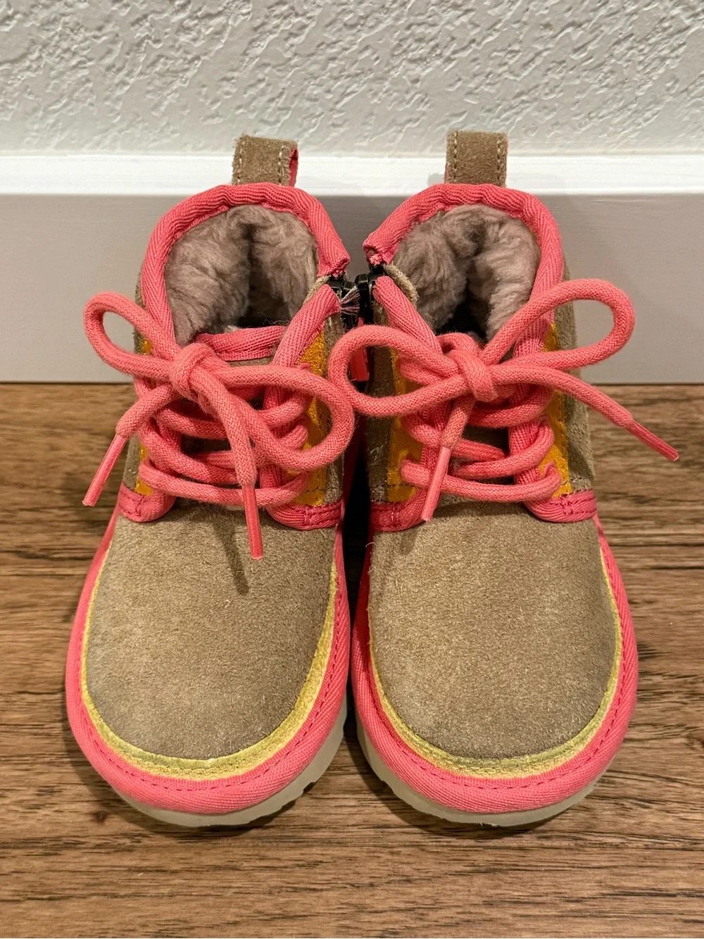 UGG Toddler Tan Suede Boots with Pink and Yellow Accents